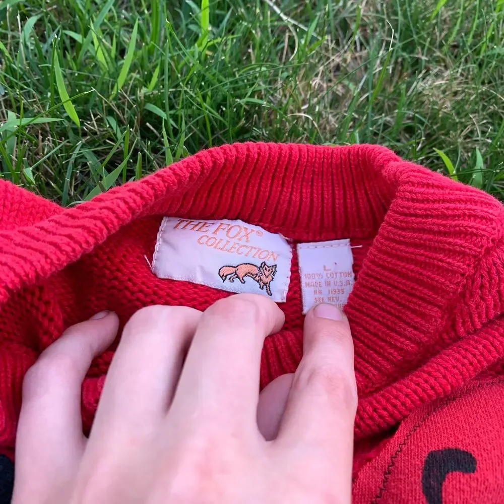 Custom Upcycled Red Bug Patchwork Sweater “The World Is Cruel” Oversized M